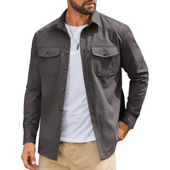 Men's Long Sleeve Casual Shacket - Dark Grey Button Down with Pockets Small